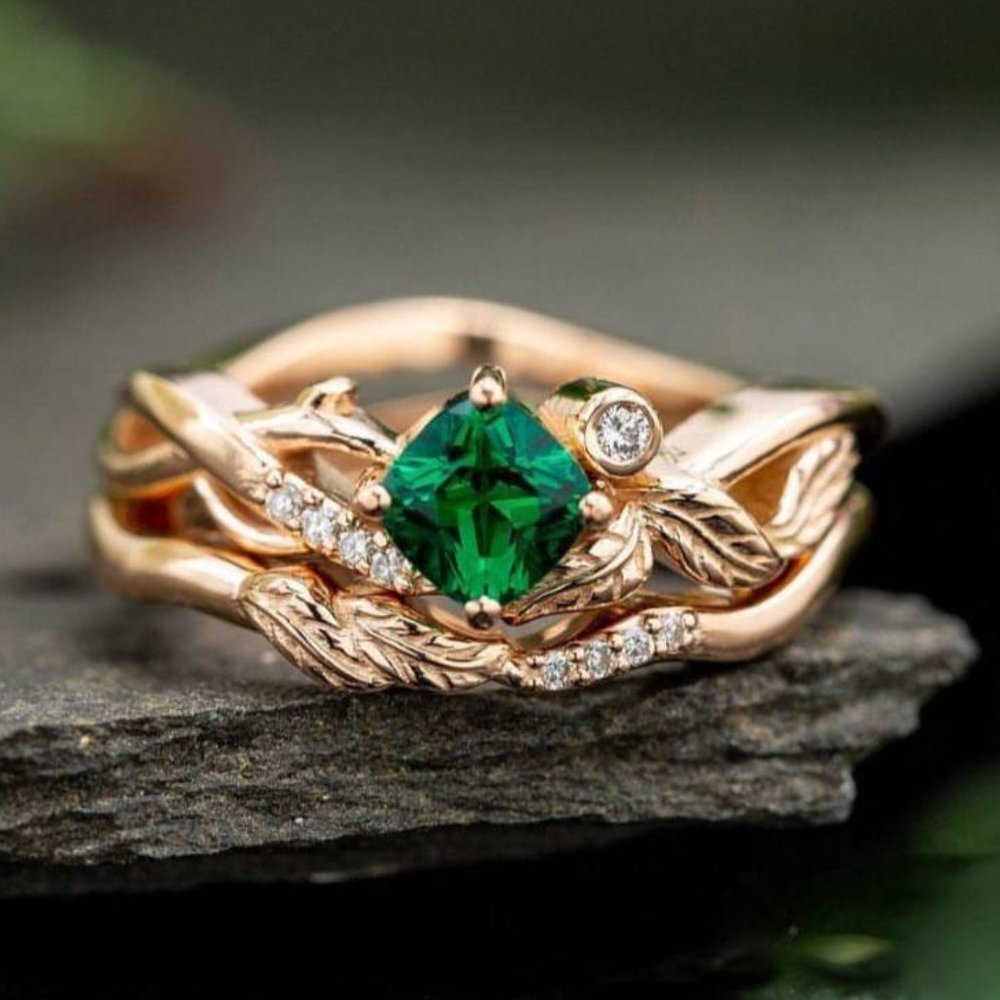 Emerald Green Stone Ring Rose Gold Plated Anelli Ring, Gpmb1499